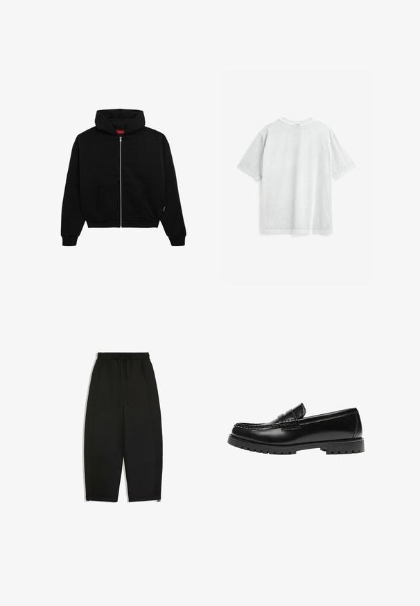 Haut à zip noir en tissu doux, avec une poche avant, des poignets côtelés et une capuche avec cordon de serrage. Pas de motifs ou d'accents visibles.; T-shirt en coton gris clair à manches courtes, col rond et coupe décontractée. Présente une texture lisse et des coutures nettes le long des bords.; Pantalon noir à jambes larges avec taille élastique et cordon, doté de poches sur les côtés et de fermetures éclair aux ourlets.; Mocassin en cuir noir avec une semelle en caoutchouc épaisse et un détail classique de bride à monnaie, vu de côté extérieur.