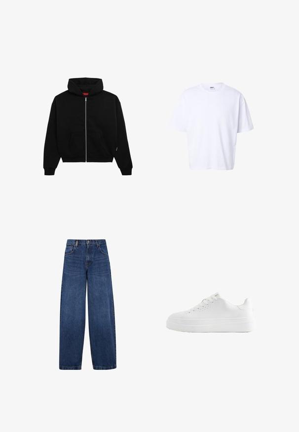 Haut à zip noir en tissu doux, avec une poche avant, des poignets côtelés et une capuche avec cordon de serrage. Pas de motifs ou d'accents visibles.; T-shirt blanc uni en coton à manches courtes, col rond, coupe ample et étiquette de marque Urban Classic à l'intérieur du col.; Jean en denim bleu à jambes larges avec un design classique à cinq poches, fermeture à bouton et une texture légèrement décolorée. Détails de couture robustes.; Baskets basses blanches avec semelle épaisse, lacets à l’avant et petits trous de ventilation sur le côté, montrées en profil latéral.