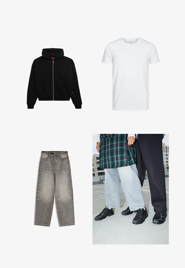 Zwarte zip-up hoodie van zachte stof, met een voorzak, geribbelde boorden en een capuchon met trekkoord. Geen zichtbare patronen of accenten.; Ronde hals kortemouwen t-shirt in effen wit, gemaakt van zachte katoen, heeft een eenvoudig ontwerp zonder zichtbare patronen of accenten.; Grijs denim wijde broek met knopen aan de voorkant, ritssluiting, lussen voor een riem en een ontwerp met vijf zakken, plat gelegd op een witte achtergrond.; Zwarte sportieve schoenen met mesh- en rubberaccenten. Draagt een lichtgrijze wijde spijkerbroek en een groen geruit shirt. Effen achtergrond.