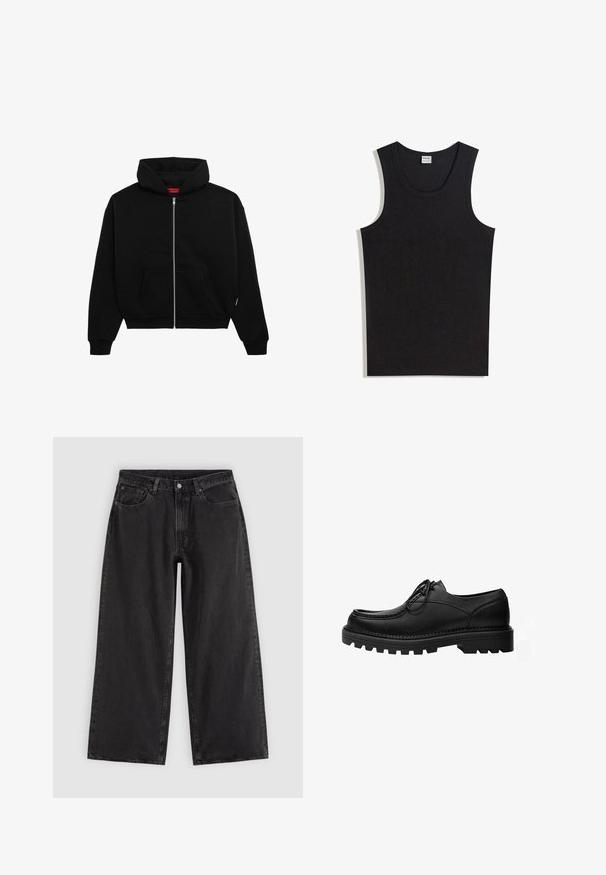 Sort zip-up hoodie lavet af blødt stof, med en frontlomme, ribbede manchetter og en hætte med snørre. Ingen synlige mønstre eller accenter.; Sort tanktop lavet af bomuld med rund halsudskæring og ærmeløs design. Glat tekstur uden synlige mønstre eller accenter.; Sorte denim jeans med vide ben, forlommer, bæltestropper og knaplukning, vist på en ensfarvet lys baggrund.; Sort læder snøresko med tyk, robust sål og detaljerede syninger på oversiden, designet til formelt eller afslappet brug.