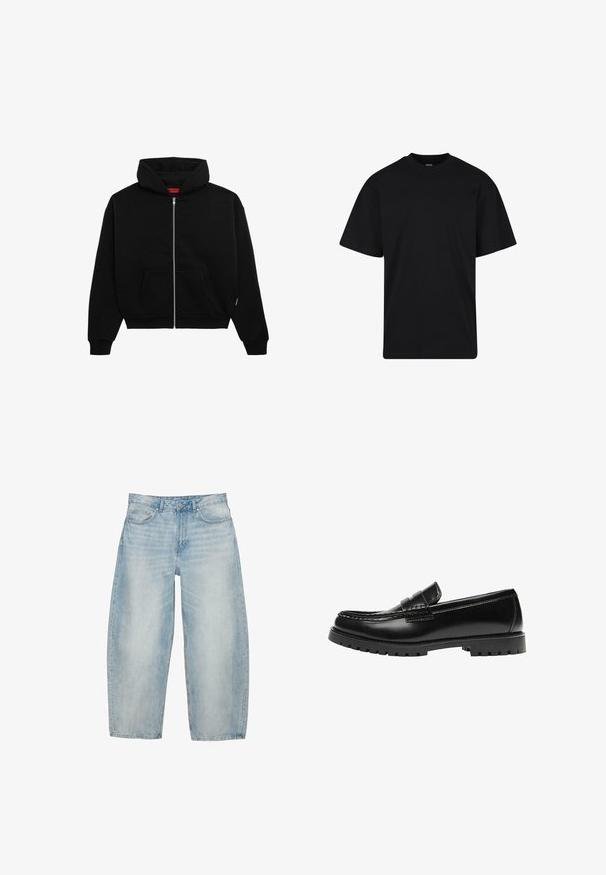 Zwarte zip-up hoodie van zachte stof, met een voorzak, geribbelde boorden en een capuchon met trekkoord. Geen zichtbare patronen of accenten.; Zwarte T-shirt met korte mouwen en ronde hals, een ontspannen pasvorm, eenvoudig ontwerp zonder zichtbare logo's of patronen.; Lichtblauwe wijde spijkerbroek met steekzakken aan de voorkant, broekriemlussen en een knoopsluiting.; Zwarte leren loafer met een dikke rubberen zool en klassieke penny-strap details, gezien vanaf de buitenkant.