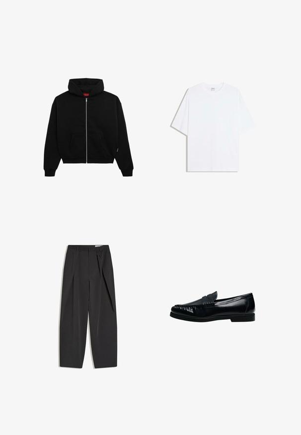 Zwarte zip-up hoodie van zachte stof, met een voorzak, geribbelde boorden en een capuchon met trekkoord. Geen zichtbare patronen of accenten.; Wit oversized katoenen T-shirt met een ronde hals en korte mouwen; gladde textuur, zonder zichtbare patronen of accenten.; Zwarte, op maat gemaakte, high-waist broek met plooien, riemlussen en een rechte pijpen, plat uitgestald op een witte achtergrond.; Zwarte leren heren penny loafer met gestikte moc toe en lage hak, zijaanzicht op witte achtergrond.
