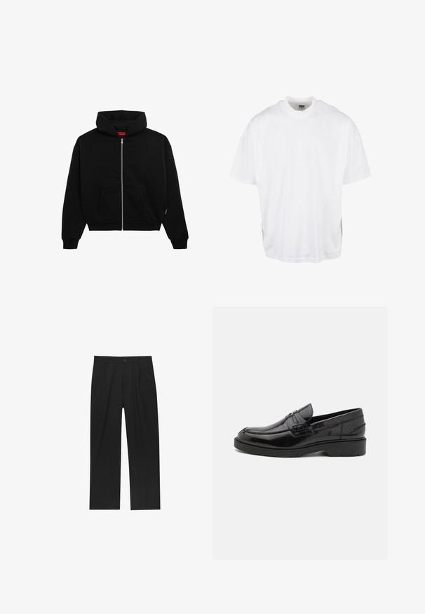 Sort zip-up hoodie lavet af blødt stof, med en frontlomme, ribbede manchetter og en hætte med snørre. Ingen synlige mønstre eller accenter.; Hvid bomulds T-shirt med en afslappet pasform, korte ærmer og rund halsudskæring, med en lige kant og ingen synlige grafikker eller mønstre.; Sorte bukser med lige ben, lavet af et glat stof. Har frontfolder og en enkelt knaplukning i taljen.; Sorte læder loafers med en glat finish, rund tå, lav hæl og dekorativ syning langs forsiden. Gummisål for godt greb.
