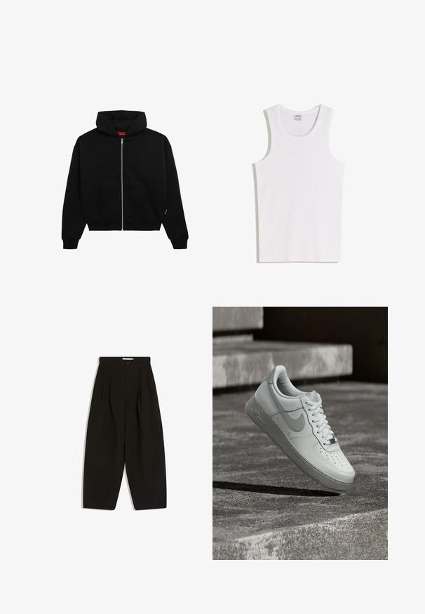 Sort zip-up hoodie lavet af blødt stof, med en frontlomme, ribbede manchetter og en hætte med snørre. Ingen synlige mønstre eller accenter.; Hvid bomulds tanktop med rund halsudskæring og brede skulderstropper. Glat tekstur, uden mønstre eller detaljer, enkelt design.; Sorte bukser med vide ben lavet af blødt stof, med plisseret front, knaplukning og sidelommer for ekstra funktionalitet.; Hvid Nike Air Force 1 sneaker, der svæver over en tekstureret betongulv med stenetrin i baggrunden.