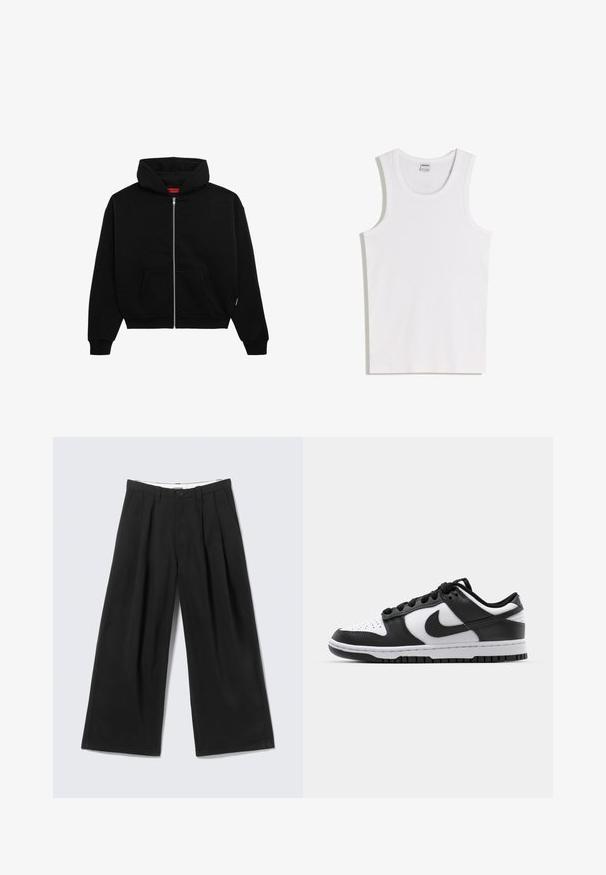 Sort zip-up hoodie lavet af blødt stof, med en frontlomme, ribbede manchetter og en hætte med snørre. Ingen synlige mønstre eller accenter.; Hvid bomulds tanktop med rund halsudskæring og brede skulderstropper. Glat tekstur, uden mønstre eller detaljer, enkelt design.; Sorte bukser med vide ben, læg, bæltestropper og en knaplukning, vist mod en lys grå baggrund.; Sort og hvid Nike Dunk sneakers med læderoverdel, perforeret tå, sorte snørebånd og en sort gummisål med slidbanedesign.