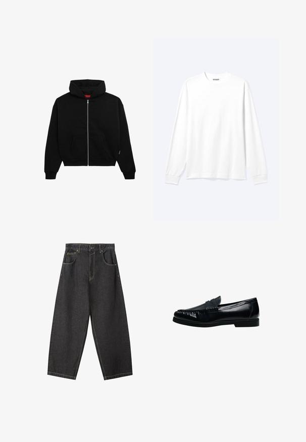 Sort zip-up hoodie lavet af blødt stof, med en frontlomme, ribbede manchetter og en hætte med snørre. Ingen synlige mønstre eller accenter.; Langærmet plain hvid skjorte med rund hals og ribkantede manchetter, vist på en neutral lys baggrund.; Sorte denim brede bukser med gule sømme, fem-lomme-design og en mid-rise talje. Struktureret stof med en glat overflade.; Sort herre penny loafer i læder med syninger på mok-toe og lav hæl, vist i sideprofil på hvid baggrund.