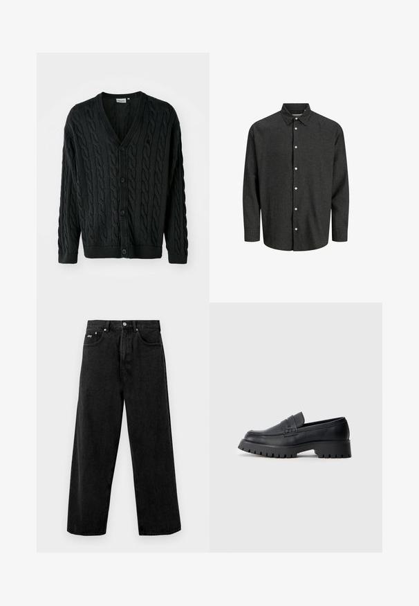 Sort kabelstrikket cardigan med V-hals, knapfront, lange ærmer og ribbede manchetter og kant. Har et tekstureret mønster over det hele.; Sort og grå ternet knappeskjorte med standard krave, lange ærmer og hvide knapper. Blødt stof med en struktureret pasform.; Sort bredde bukser lavet af denim, med knaplukning og frontlommer. Diskret varemærkeblik på taljebåndet. Mat tekstur.; Sorte læder loafers med en rund tå, prydet med en dekorativ rem og en kraftig gummisål med dybe riller for grip.