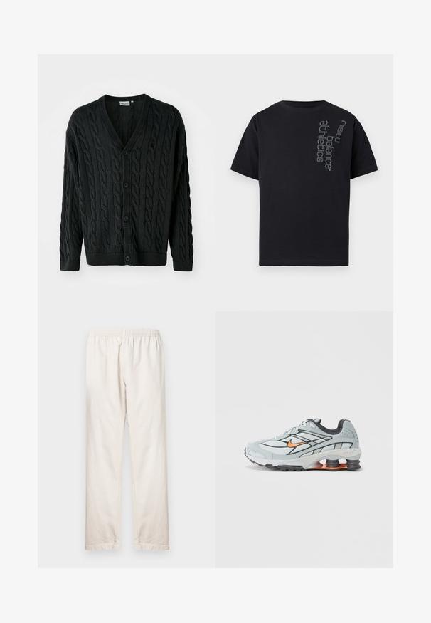 Sort kabelstrikket cardigan med V-hals, knapfront, lange ærmer og ribbede manchetter og kant. Har et tekstureret mønster over det hele.; Sort T-shirt med korte ærmer og vertikal tekst med hvidt omrids "new balance athletics" på øverste venstre bryst.; Lyse beige bukser med elastisk talje, lige ben og glat bomuldsstruktur. Enkel, ubesmykket stil.; Lyst grå løbesko med sorte detaljer, orange logo, mesh-overdel, polstret krave og gummisål med synlige stødabsorberende enheder.