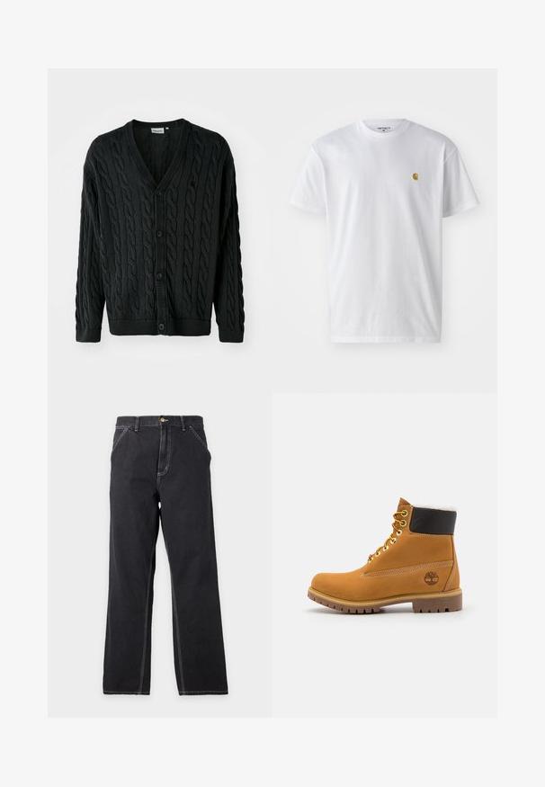 Cardigan en tricot noir à mailles torsadées avec un col en V, une fermeture à boutons, des manches longues et des bords côtelés au niveau des poignets et de l'ourlet. Présente un motif texturé sur l'ensemble.; T-shirt en coton blanc à manches courtes, col rond, avec un petit logo doré sur la poitrine gauche. Texture douce et coupe régulière.; Jean noir à coupe droite avec poches avant, passants de ceinture et coutures blanches visibles sur un fond gris clair uni.; Bottine en cuir brun avec œillets en métal, doublure en fourrure blanche, col rembourré noir, semelle robuste et logo en relief sur le côté.
