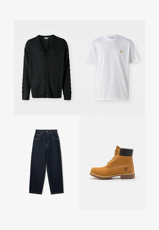 Sort kabelstrikket cardigan med V-hals, knapfront, lange ærmer og ribbede manchetter og kant. Har et tekstureret mønster over det hele.; Hvid bomulds t-shirt med korte ærmer, rund hals og et lille guld logo på venstre brystområde. Blød tekstur og almindelig pasform.; Mørke indigo straight-leg jeans med hvide kontrastsømme, fem-lomme-design og metalknaplukning ved taljen.; Brune læder ankelstøvle med metaløjer, hvid pelsforing, sort polstret krave, robust sål og præget logo på siden.