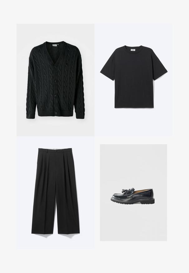Sort kabelstrikket cardigan med V-hals, knapfront, lange ærmer og ribbede manchetter og kant. Har et tekstureret mønster over det hele.; Sort T-shirt med korte ærmer og rund hals med afslappet pasform, forfra, ensfarvet design og synligt Weekday-mærke inde i kraven.; Sorte bukser med vide ben, forplisser, bæltestropper og knaplukning vist på en ensartet lys baggrund.; Sorte læder loafers med en udtalt flad sål, syede detaljer, frynse dekoration og en glat overflade.
