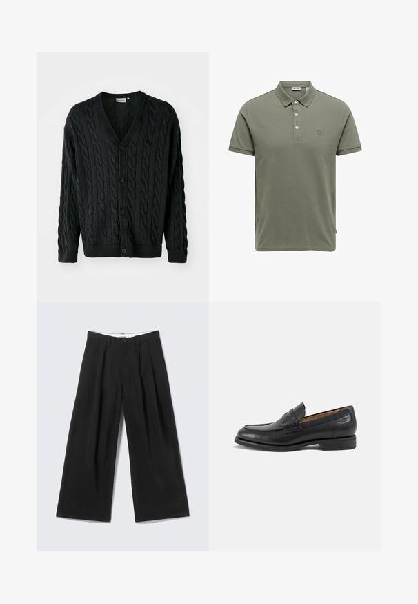 Sort kabelstrikket cardigan med V-hals, knapfront, lange ærmer og ribbede manchetter og kant. Har et tekstureret mønster over det hele.; Kortærmet polo i olivengrøn med tre hvide knapper, krave og lille logo på venstre bryst fra Only & Sons.; Sorte bukser med vide ben, læg, bæltestropper og en knaplukning, vist mod en lys grå baggrund.; Sort læder herresko med syninger, lav stakket hæl og en smal rem over overdelen, vist fra siden på en hvid baggrund.