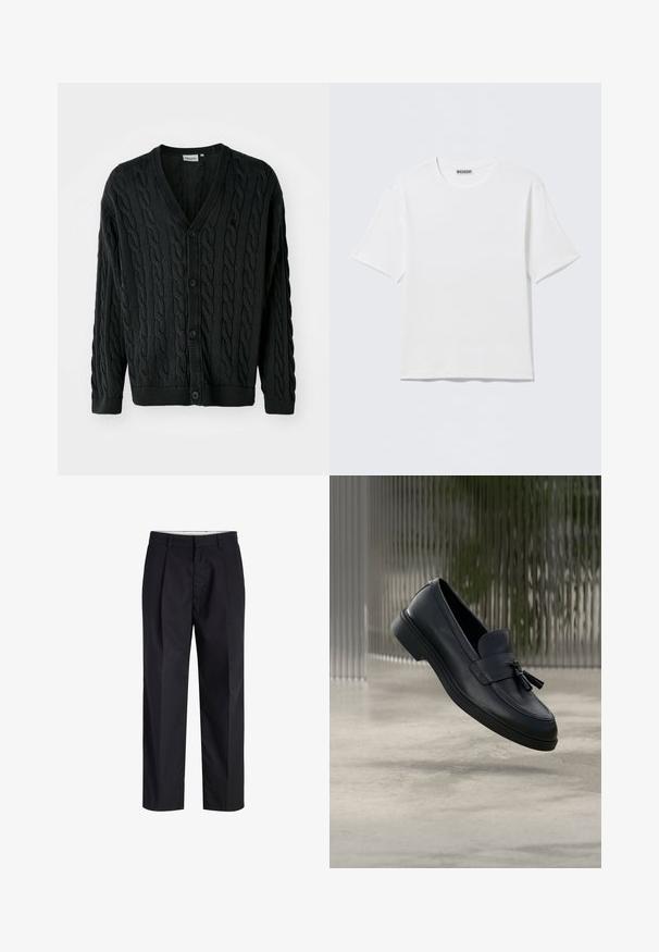 Sort kabelstrikket cardigan med V-hals, knapfront, lange ærmer og ribbede manchetter og kant. Har et tekstureret mønster over det hele.; Hvid, kortærmet t-shirt med rund hals og et lille "WEEKDAY"-mærke på indersiden af bagkraven, vist på en flad overflade.; Sorte bukser med lige ben med taljebånd, bæltestropper, frontlynlås og sidelommer vist på en hvid baggrund.; Sorte læderloafers med en glat tekstur, en rundet tå og dekorative kvaster foran. Fleksibel gummisål med lav hæl.