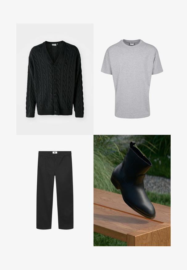 Sort kabelstrikket cardigan med V-hals, knapfront, lange ærmer og ribbede manchetter og kant. Har et tekstureret mønster over det hele.; Grå bomulds t-shirt med rund halsudskæring og korte ærmer. Simpelt design, ingen mønstre eller accenter. Klassisk afslappet pasform.; Sorte chinos lavet af glat bomuldsstof. Har en knaplukning, forlommer og et lige ben-design med rene kanter.; Sort læder ankelstøvle med lynlås, placeret i den ene ende af en poleret træbænk udendørs med græs og sten i baggrunden.