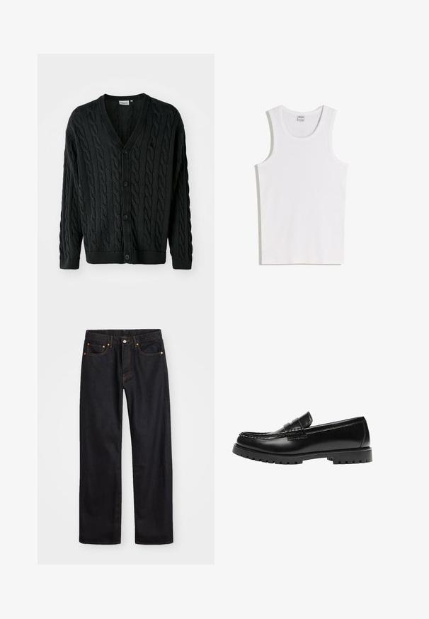 Sort kabelstrikket cardigan med V-hals, knapfront, lange ærmer og ribbede manchetter og kant. Har et tekstureret mønster over det hele.; Hvid bomulds tanktop med rund halsudskæring og brede skulderstropper. Glat tekstur, uden mønstre eller detaljer, enkelt design.; Mænds lige ben sorte denim jeans med fem lommer og orange syninger, knap- og lynlåslukning foran på taljen.; Sort læderloafer med en kraftig gummisål og klassiske penny-strap detaljer, vist fra ydersiden.