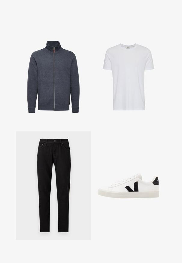 Donkergrijze zip-up sweatshirt met een hoge kraag, voorzien van zijzakken en geribde manchetten. Gemaakt van zachte, gestructureerde stof.; Effen wit T-shirt met korte mouwen en een ronde hals, getoond op een witte achtergrond, met een klein neklabel waarop het merk “Solid” staat.; Zwarte slim-fit jeans met voorste knoop- en ritssluiting, ceintuurlussen en twee voorzakken zichtbaar op een witte achtergrond.; Witte leren sneaker met zwarte suède accenten; voorzien van een rubberen zool, ronde neus en een klassieke vetersluiting. Zijkant met logo in het zwart.