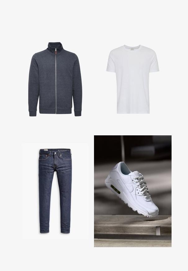 Donkergrijze zip-up sweatshirt met een hoge kraag, voorzien van zijzakken en geribde manchetten. Gemaakt van zachte, gestructureerde stof.; Effen wit T-shirt met korte mouwen en een ronde hals, getoond op een witte achtergrond, met een klein neklabel waarop het merk “Solid” staat.; Donkerblauwe slim-fit Levi's Performance spijkerbroek met vijf zakken en zichtbare stiksels op een witte achtergrond.; Witte leren sneaker met gestructureerde oppervlakken, gevoerde kraag en zichtbare luchtbescherming in de zool. Heeft veters en een minimalistisch ontwerp.
