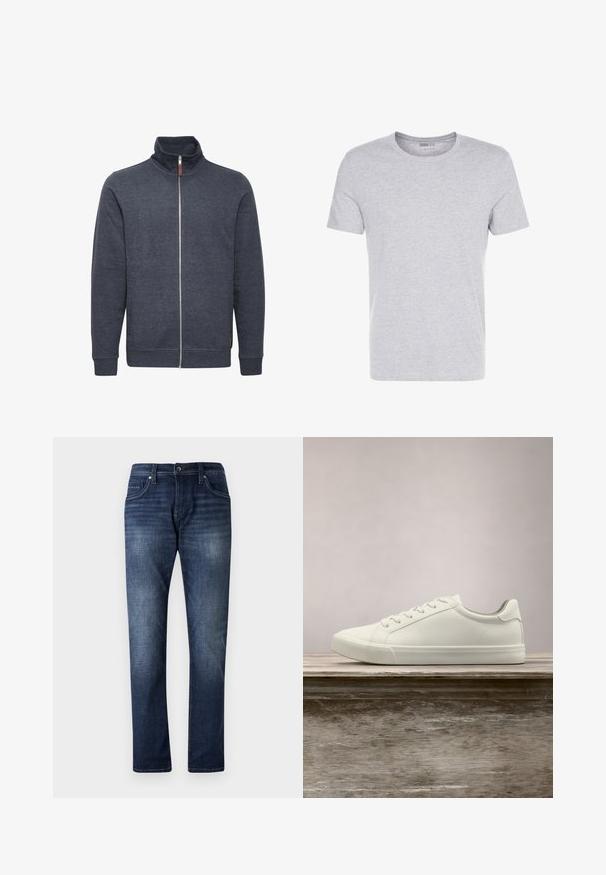 Donkergrijze zip-up sweatshirt met een hoge kraag, voorzien van zijzakken en geribde manchetten. Gemaakt van zachte, gestructureerde stof.; Grijze katoenen t-shirt met een ronde hals, korte mouwen en een eenvoudige uitstraling, met een zachte, gladde textuur en zonder zichtbare patronen of versieringen.; Donkerblauwe denim jeans met een rechte pijpdesign, voorzien van een vervaagde wassing, vijf zakken en zichtbare stiksels langs de naden.; Witte vetersneaker die boven een houten bank zweeft met groene bladeren op de achtergrond, waarbij het ontwerp en de textuur van de schoen worden getoond.
