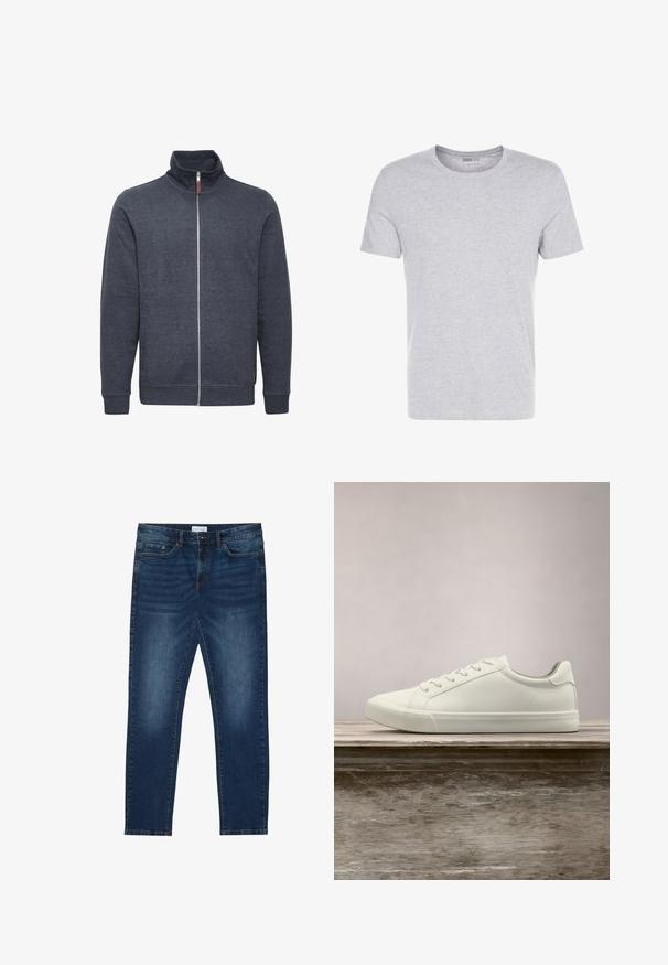 Donkergrijze zip-up sweatshirt met een hoge kraag, voorzien van zijzakken en geribde manchetten. Gemaakt van zachte, gestructureerde stof.; Grijze katoenen t-shirt met een ronde hals, korte mouwen en een eenvoudige uitstraling, met een zachte, gladde textuur en zonder zichtbare patronen of versieringen.; Donkerblauwe slim-fit jeans met vervaagde details, klassiek vijf-pocket ontwerp, knoopsluiting en riemlussen.; Witte vetersneaker die boven een houten bank zweeft met groene bladeren op de achtergrond, waarbij het ontwerp en de textuur van de schoen worden getoond.