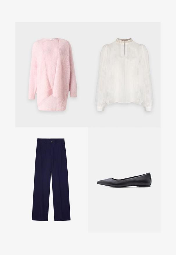 Lyse pink strikket cardigan, åben front, lange ærmer, blød tekstur, draperet design med en afslappet pasform. Ingen lukninger eller dekorationer.; Hvid bluse med lodrette striber, høj halsudskæring prydet med strukturerede detaljer og lange puffede ærmer, der ender i tætsiddende manchetter.; Marineblå brede ben bukser lavet af blødt stof, med en enkelt knaplukning og to frontlommer. Glat tekstur uden mønstre.; Sort flad lædersko med spidst tåparti og lav hæl, vist i sideprofil mod en hvid baggrund.