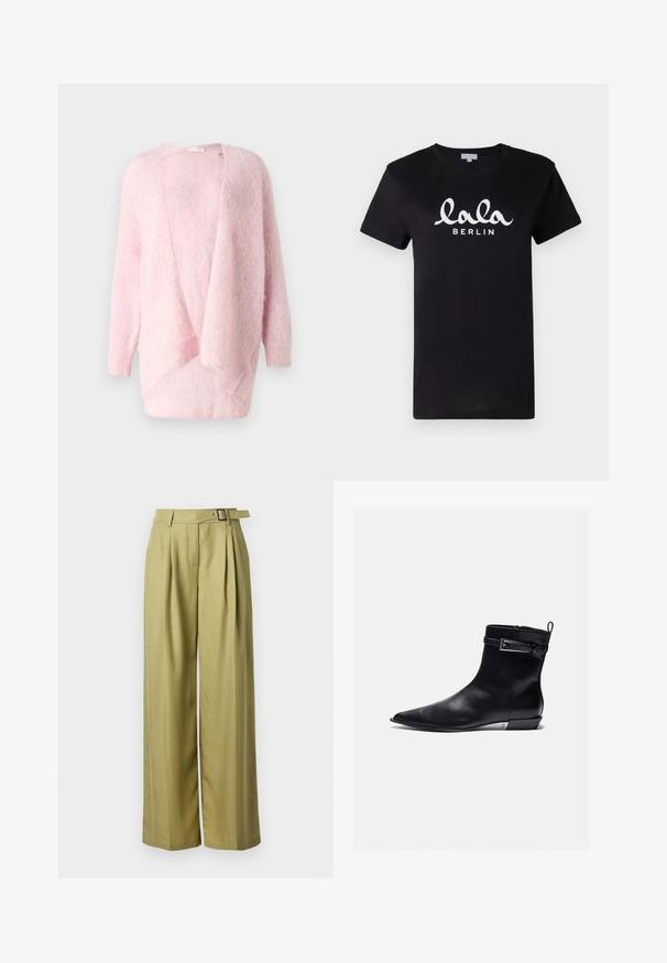 Lyse pink strikket cardigan, åben front, lange ærmer, blød tekstur, draperet design med en afslappet pasform. Ingen lukninger eller dekorationer.; Sort bomulds t-shirt med korte ærmer, prydet med hvid tekst "lala BERLIN" i kursiv skrifttype hen over brystet. Klassisk crew neck design.; Vidde bukser i olivengrønt stof, med høj talje, bæltesløjfer og et bælte i taljen samt frontfald.; Sort læder ankelstøvle med spids tå, flad hæl og lynlås i siden. Har en spændeaccent på manchetten for ekstra detalje. Glat tekstur.