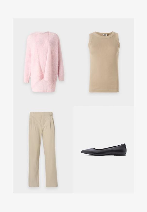 Lyse pink strikket cardigan, åben front, lange ærmer, blød tekstur, draperet design med en afslappet pasform. Ingen lukninger eller dekorationer.; Beige ærmeløs top lavet af ribbet stof med rund hals, der har tonale stikninger og en tætsiddende design.; Beige brede benbukser lavet af bomuldsblanding; har folder foran, lige snit og bælteløkker. Glat tekstur, ingen mønstre.; Sort flad lædersko med spidst tåparti og lav hæl, vist i sideprofil mod en hvid baggrund.