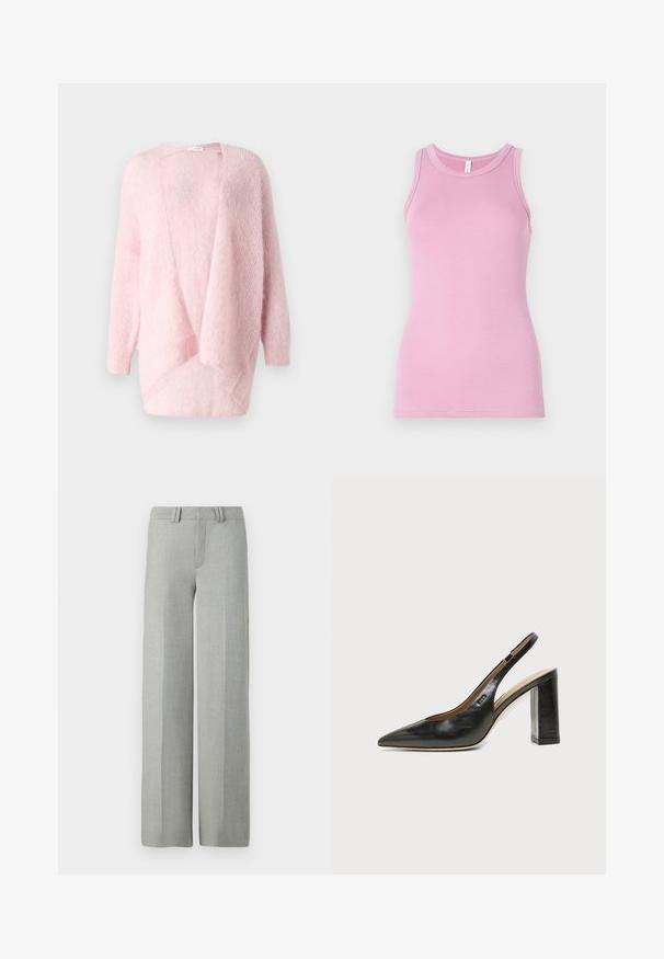 Lyse pink strikket cardigan, åben front, lange ærmer, blød tekstur, draperet design med en afslappet pasform. Ingen lukninger eller dekorationer.; Rosa tanktop med en tætsiddende design, der har en rund halsudskæring og ribbet tekstur. Ingen mønstre eller accenter til stede.; Grå bredbensbukser i et letvægtsmateriale, med flad front, bæltehuller og rene, skræddersyede linjer uden synlige mønstre.; Sort læder peep-toe slingback sko med høj blokhæl og beige indvendig foring mod en ensfarvet lys baggrund.