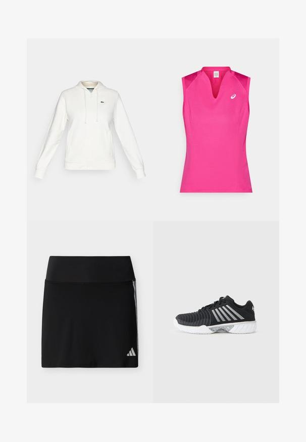 Weißer Reißverschluss-Hoodie mit Fronttaschen, Kapuze mit Kordelzug und einem kleinen grünen Krokodil-Logo auf der linken Brust.; Ärmelloses Sporttop in leuchtendem Pink mit V-Ausschnitt. Hergestellt aus glattem, leichtem Stoff mit dezentem Schimmer und Logoakzent.; Schwarzer Sportrock mit breitem Bund, dezenten seitlichen Streifen und kleinem Adidas-Logo am unteren rechten Saum.; Schwarzer Sportschuh mit weißer Griffigkeitssohle, diagonalen weißen Streifen an der Seite, strukturiertem Zehenschutz und Schnürverschluss vor grauem Hintergrund.