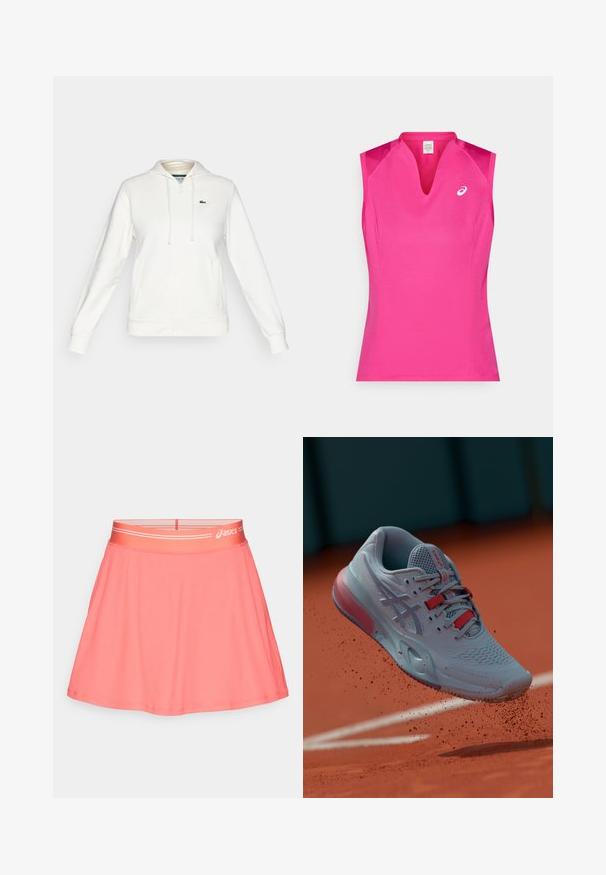Weißer Reißverschluss-Hoodie mit Fronttaschen, Kapuze mit Kordelzug und einem kleinen grünen Krokodil-Logo auf der linken Brust.; Ärmelloses Sporttop in leuchtendem Pink mit V-Ausschnitt. Hergestellt aus glattem, leichtem Stoff mit dezentem Schimmer und Logoakzent.; Rosa Sportrock aus geripptem Stoff. Verfügt über einen breiten elastischen Bund mit Logo und ein ausgestelltes Design für Bewegungsfreiheit.; Hellblauer Tennisschuh mit einer strukturierten Oberseite, roten Akzenten und einer halbtransparenten Sohle, in der Luft über einer Lehmbodenfläche gezeigt.