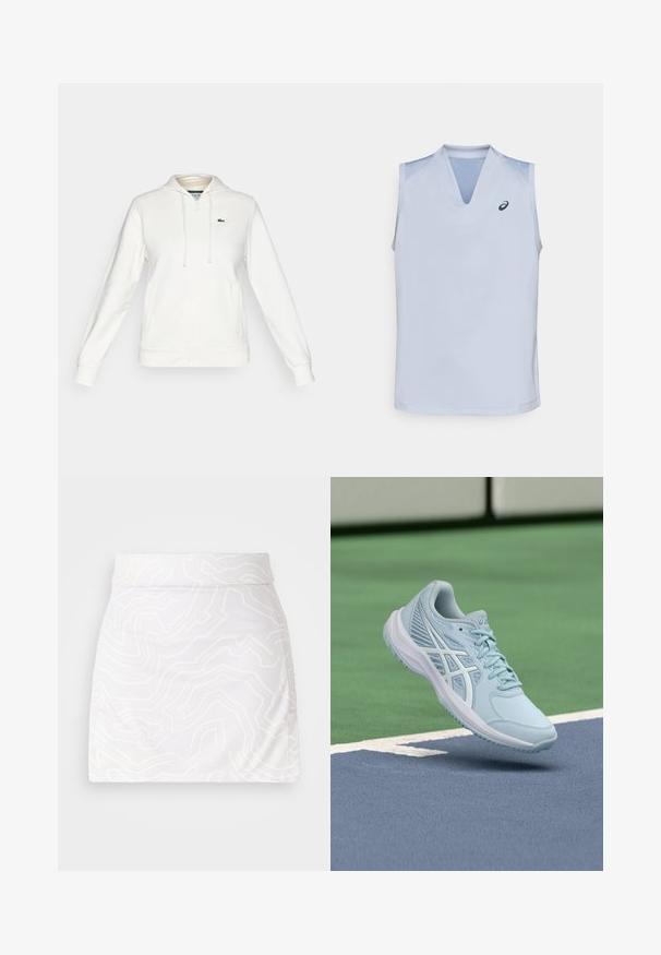 Sudadera blanca con cremallera, bolsillos frontales, capucha con cordón y un pequeño logo de cocodrilo verde en el lado izquierdo del pecho.; Top atlético sin mangas de color azul claro con escote en V, paneles de hombro texturizados y un pequeño logo en el lado izquierdo del pecho. Acabado de tela suave.; J.LINDEBERG Sports AMELIE MID PRINT SKIRT - Falda de deporte - grey/lilac; Zapatilla deportiva azul clara con parte superior de malla, detalles texturizados y suela acolchada, suspendida sobre una superficie de cancha azul.