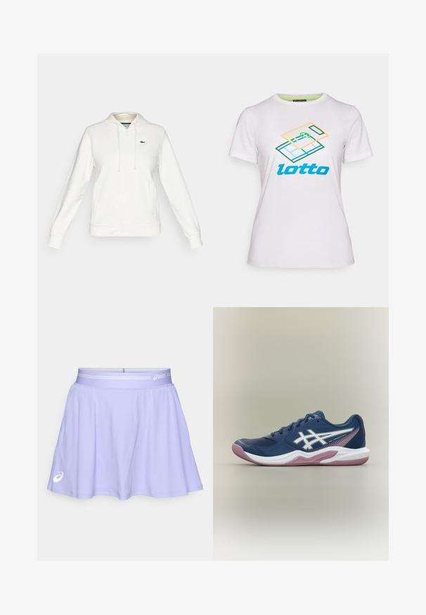 Sudadera blanca con cremallera, bolsillos frontales, capucha con cordón y un pequeño logo de cocodrilo verde en el lado izquierdo del pecho.; Camiseta blanca de algodón de manga corta, con un gráfico geométrico colorido y el logo "lotto" en azul en la parte frontal.; Falda atlética de color púrpura claro hecha de un tejido elástico. Cuenta con una cinturilla ancha con un acento blanco y un logotipo en la parte inferior izquierda.; Zapatilla deportiva azul marino con suela blanca y rosa, logo blanco en el lateral, diseño con cordones y detalles de malla en la puntera y laterales.
