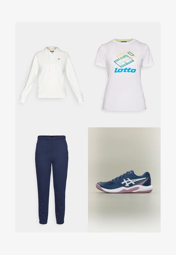 Hvid zip-up hættetrøje med forlommer, snoretræk i huen og et lille grønt krokodillelogo på venstre bryst.; Hvid kortærmet t-shirt lavet af bomuld, med et farverigt geometrisk grafisk design og "lotto" logo i blåt på forsiden.; Marineblå svedbukser med elastisk talje og ankelsnøre, set forfra, lavet af blødt stof til afslappet brug.; Marineblå atletiksko med hvid og pink sål, hvidt logo på siden, snøredesign og meshdetaljer på tåen og siderne.