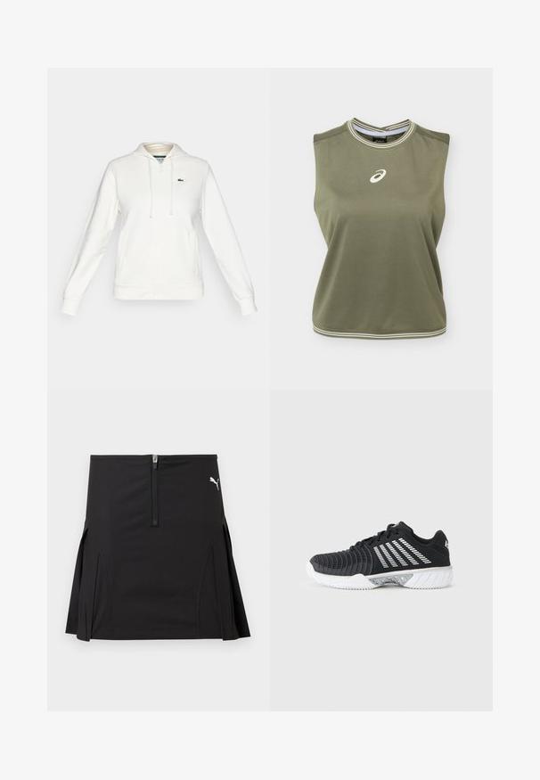 Witte hoodie met ritssluiting, voorzakken, een capuchon met trekkoord en een klein groen krokodillenlogo op de linkerkant van de borst.; Mouwloze olijfgroene sporttop met wit Asics-logo in het midden van de borst, witgestreepte ronde halslijn en zoom.; Zwarte sportbroek met rits aan de voorkant en plooien aan de zijkant, met een wit Puma-logo aan de rechterbovenkant.; Zwarte sportschoen met witte gripzool, diagonale witte strepen aan de zijkant, een gestructureerde neuskap en vetersluiting, op een grijze achtergrond.