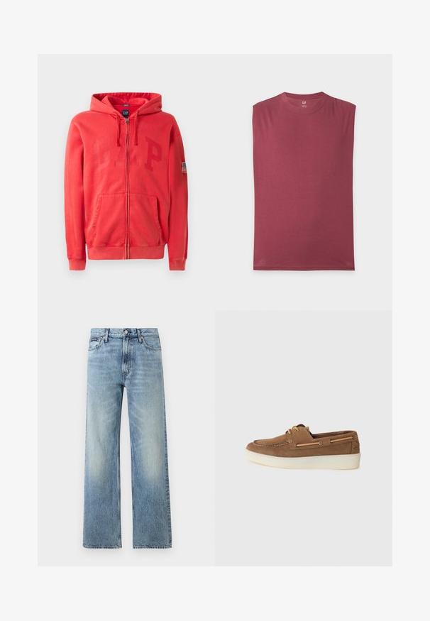 Sudadera con cremallera roja y un gran logo en relieve "GAP" en la parte delantera, además de un pequeño parche de la bandera americana en la manga izquierda. Material de mezcla de algodón.; Camiseta sin mangas con cuello redondo en rojo oscuro sólido, extendida sobre un fondo gris claro.; Vaqueros de mezclilla azul claro de corte recto con cintura alta, cinco bolsillos, cierre de botón y sutil desgaste en los muslos y las rodillas.; Zapatos de barco de ante marrón con suela de goma crema, detalles de cordones y costuras de contraste, que presentan un diseño de perfil bajo y una construcción ligera.