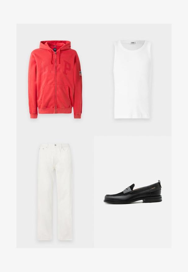 Sudadera con cremallera roja y un gran logo en relieve "GAP" en la parte delantera, además de un pequeño parche de la bandera americana en la manga izquierda. Material de mezcla de algodón.; Camiseta sin mangas de algodón blanco con cuello redondo y una textura suave. Diseño sencillo, sin patrones ni acentos.; Vaqueros vaqueros blancos de corte recto con bolsillos delanteros, trabillas para el cinturón y cierre con botón en la cintura, mostrados sobre un fondo liso.; Mocasín de cuero negro con detalle de tira gris, tacón bajo y suela texturizada, con la marca "HUGO" en oro en el lateral.