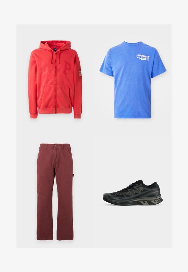 Une veste à capuche zippée rouge avec un grand logo "GAP" discrètement embossé à l'avant et un petit patch drapeau américain sur la manche gauche. En mélange de coton.; T-shirt en coton bleu à manches courtes, col rond, avec un graphique blanc d'un véhicule sur la poitrine gauche. Texture lisse.; Pantalons de travail droits pour hommes en rouge foncé, avec poches avant, passants de ceinture, bouton, fermeture éclair et une boucle utilitaire sur le côté.; Chaussure de course athlétique noire avec tige synthétique à motifs, semelle amortie et fermeture à lacets, vue de côté sur un fond uni.