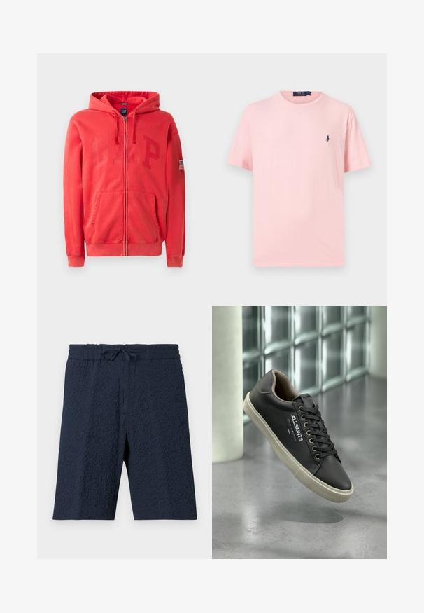 Sudadera con cremallera roja y un gran logo en relieve "GAP" en la parte delantera, además de un pequeño parche de la bandera americana en la manga izquierda. Material de mezcla de algodón.; Camiseta de manga corta y cuello redondo en rosa claro con un pequeño logo bordado en azul marino oscuro en el pecho izquierdo.; Pantalones cortos de tela texturizada azul marino con cintura elástica y lazo frontal, hasta la rodilla, estilo casual.; Zapatilla de cuero negra de AllSaints con suela blanca, cordones negros y logo en el lateral, flotando sobre un suelo reflectante gris.