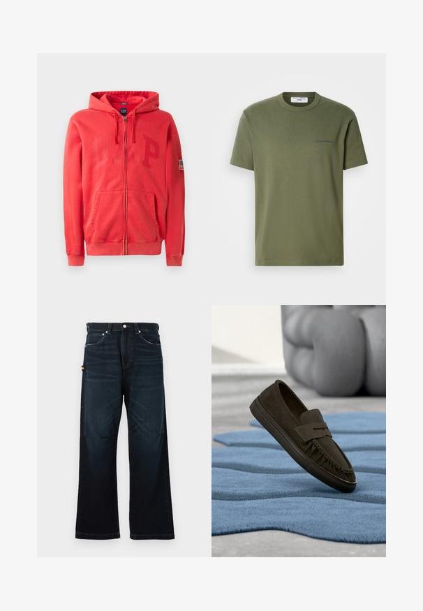Sudadera con cremallera roja y un gran logo en relieve "GAP" en la parte delantera, además de un pequeño parche de la bandera americana en la manga izquierda. Material de mezcla de algodón.; Camiseta de algodón verde oliva con cuello redondo clásico, mangas cortas y pequeño texto bordado en azul en el pecho. Diseño simple y sin adornos.; Vaqueros rectos de color azul oscuro con diseño clásico de cinco bolsillos, trabillas para el cinturón y sutiles detalles desgastados en la parte frontal y las rodillas.; Zapato mocasín de ante marrón oscuro flotando sobre una alfombra azul texturizada con muebles grises esculpidos desenfocados al fondo.