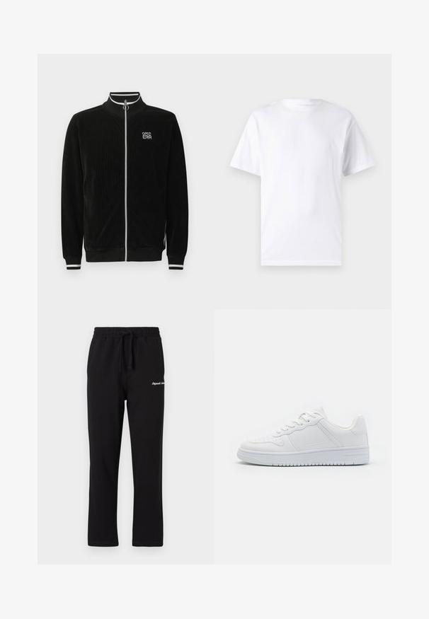 Sort kordfløjlsjakke med lynlås, hvidstripet krave og manchetter, sølvring lynlås og "OPEN ERA"-logo på brystet.; Hvid kortærmet t-shirt lavet af bomuld med rund hals, der har en glat tekstur og et simpelt design uden mønstre eller accenter.; Sorte sweatpants med elastisk talje og justerbar snor. Har indsnit med broderet logo på låret og en lige ben-design.; Hvide sneakers lavet af glat syntetisk materiale, med flade snørebånd, perforeret tå og en gummisål med et tekstureret grebmønster.