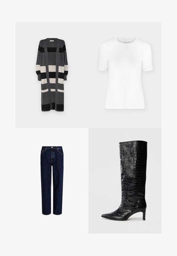 Cárdigan largo gris con rayas verticales negras y crema. Presenta un frente abierto, mangas anchas y un ajuste holgado. Textura suave.; Camiseta blanca de manga corta con cuello redondo, ajuste slim y textura de tejido acanalado, mostrada sobre un fondo liso gris claro.; Jeans de mezclilla azul oscuro con un diseño de pierna recta, que presentan una cintura alta, estilo de cinco bolsillos y costuras en contraste. Sin adornos.; Botas negras de media caña con textura brillante de patrón de cocodrilo, punta afilada y tacón cónico. Material sintético liso.