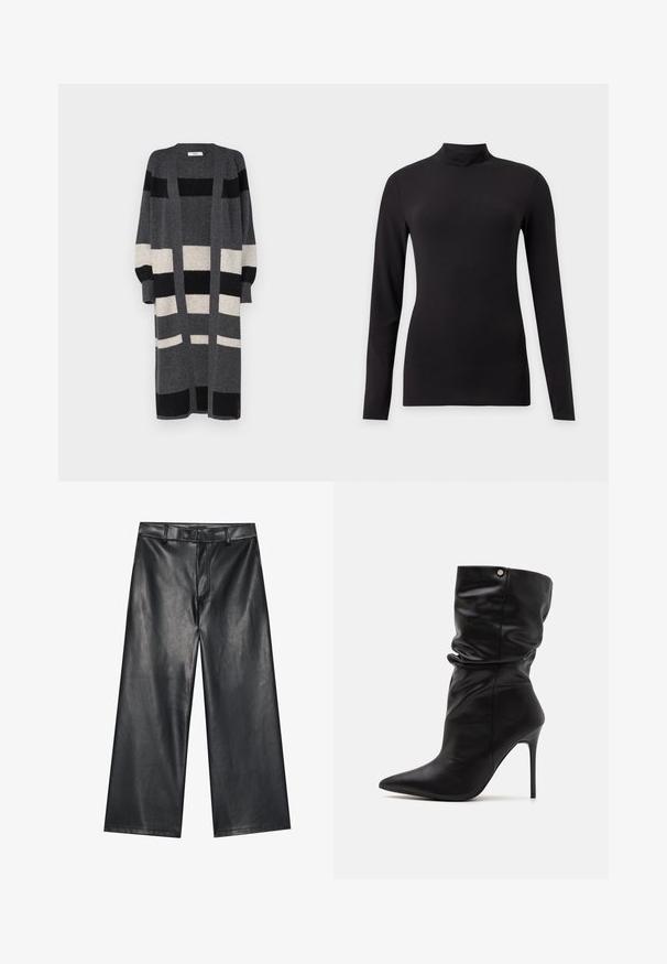 Cárdigan largo gris con rayas verticales negras y crema. Presenta un frente abierto, mangas anchas y un ajuste holgado. Textura suave.; Top negro ajustado de manga larga con cuello alto simulado, mostrado sobre un fondo liso gris claro.; Pantalones de cuero negro de pernera ancha con una textura suave, lazos para cinturón y cremallera frontal. Presenta un ajuste holgado y detalles de costura limpios.; Even&Odd Wide Fit by Zalando Botines de tacón - black