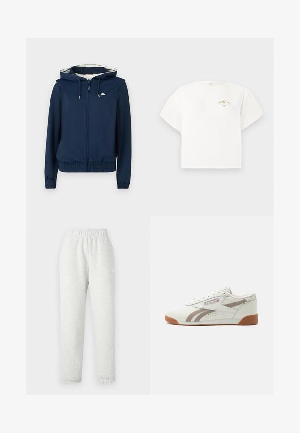Marineblauwe hoodie-jack met een rits aan de voorkant, elastische tailleband, zijstrepen en een capuchon met verstelbaar trekkoord. Glad materiaal, zonder patronen.; Witte t-shirt met korte mouwen, gemaakt van katoen, met een kleine gouden bergafbeelding op de borst en een losse, boxy pasvorm.; Lichtgrijze sweatpants met een elastische tailleband, taps toelopende pijpen en ribgebreide manchetten. Gemaakt van een zachte, gestructureerde stof. Witte logodetail aan de zijkant.; Witte lage sneaker met lichtgrijze streepaccenten, gumzool en Reebok-logo met Britse vlag aan de zijkant, getoond tegen een effen achtergrond.