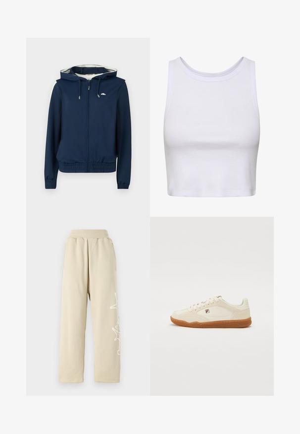 Marineblauwe hoodie-jack met een rits aan de voorkant, elastische tailleband, zijstrepen en een capuchon met verstelbaar trekkoord. Glad materiaal, zonder patronen.; Witte crop top gemaakt van ribbelstof, met een ronde halslijn en een mouwloos ontwerp met een aansluitende pasvorm. Geen patronen of accenten.; Beige, relaxed-fit joggingbroek met een elastische tailleband, zijzakken en een witte grafische print langs het linkerdeel van het been. Zachte katoenmateriaal.; Witte sneakers met een suède afwerking, rubberen gumzool en gestikte details. Voorzien van vetersluiting en een klein logo aan de zijkant.