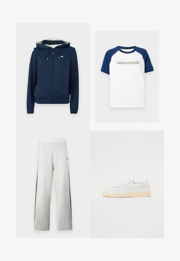 Marineblauwe hoodie-jack met een rits aan de voorkant, elastische tailleband, zijstrepen en een capuchon met verstelbaar trekkoord. Glad materiaal, zonder patronen.; Witte T-shirt met korte mouwen met marineblauwe raglanmouwen en "Billabong"-logo in lichtgroen met zwarte omlijning op de borst.; Grijze joggers met een wijd benedengedeelte, voorzien van een zwarte zijstreep en een geribbelde tailleband. Gemaakt van zacht, gestructureerd materiaal.; Sneakers met een witte synthetische bovenkant, geperforeerd ontwerp, platte veters en een crèmekleurige rubberen zool. Heeft een logo op de hiel en zijkant.