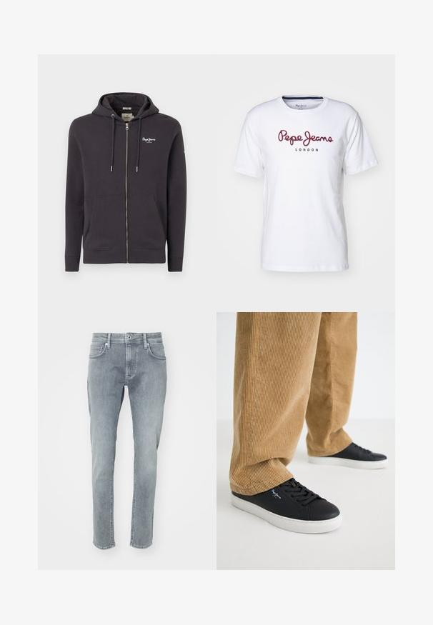 Sudadera con cremallera de color gris oscuro, fabricada en un material suave, que presenta un logotipo bordado, capucha con cordón y dos bolsillos frontales. Textura suave.; Camiseta de algodón blanca con el logo en burdeos de "Pepe Jeans" y el texto "LONDON", cuello redondo, mangas cortas y un ajuste relajado.; Jeans de denim gris claro con un diseño de pierna recta, que cuentan con una cremallera, cinco bolsillos y un sutil desgastado en la parte frontal.; Zapatillas de cuero negro con suelas de goma blanca. Llevadas con pantalones de pana en color beige, con acanaladuras verticales y un ajuste relajado.