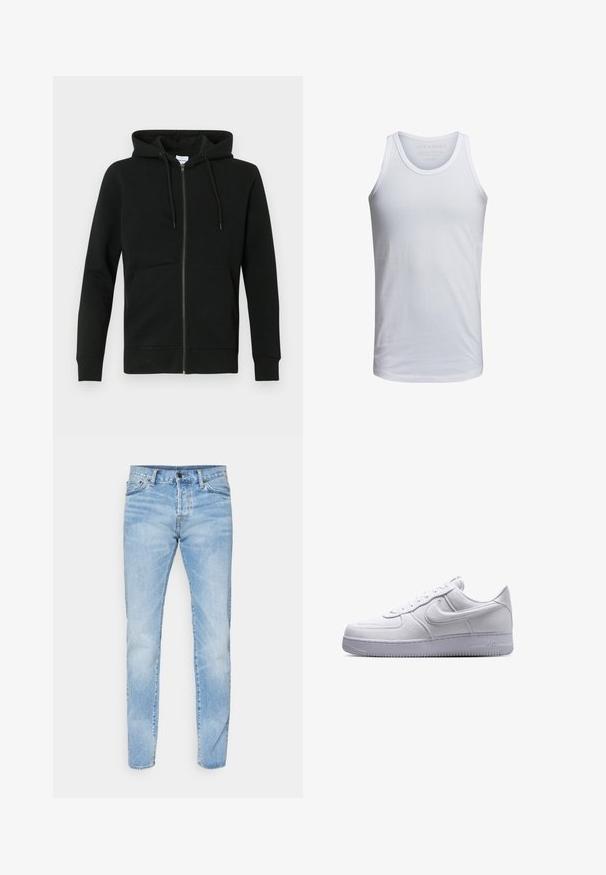 Zwarte zip-up hoodie gemaakt van zachte stof, voorzien van een capuchon, lange mouwen, zakken aan de voorkant en geribbelde manchetten en zoom. Minimalistisch ontwerp.; Witte katoenen tanktop met een ronde hals, brede schouderbanden en minimale branding binnen de kraag. Zachte textuur, casual pasvorm.; Lichtblauwe denim jeans met een rechte snit, vijf-pocket ontwerp en een knoopsluiting. Bevat subtiele vervaging en contrasterende stiksels.; Witte lage Nike Air Force 1 sneaker met vetersluiting en een gestructureerde zool, zijaanzicht op een witte achtergrond.