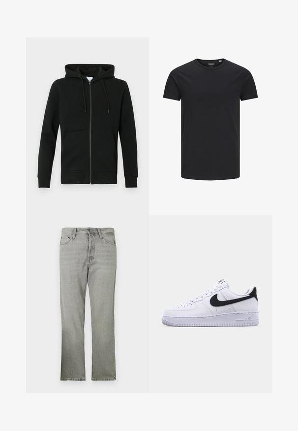 Sweat à capuche noir zippé en tissu doux, avec une capuche, des manches longues, des poches avant et des poignets et ourlets côtelés. Design minimaliste.; T-shirt en coton noir avec un col rond, des manches courtes et un design simple. Texture lisse, sans motifs ni éléments visibles.; Jean en denim gris clair avec une coupe droite, présentant un style à cinq poches, une fermeture éclair devant et une texture légèrement décolorée.; Sneaker en cuir blanc avec un Swoosh noir texturé, des lacets plats et une semelle en caoutchouc avec un motif strié. "AIR" est embossé sur le talon.