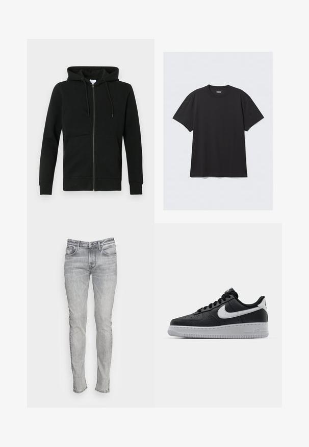 Sweat à capuche noir zippé en tissu doux, avec une capuche, des manches longues, des poches avant et des poignets et ourlets côtelés. Design minimaliste.; T-shirt noir à manches courtes en coton. Il présente un col rond et une coupe décontractée. Design simple sans motifs ni accents visibles.; Jean en denim gris ajusté avec cinq poches, une braguette à boutons et des coutures contrastées. Le tissu a un aspect légèrement délavé et texturé.; Baskets en cuir noir avec surface texturée, swoosh Nike blanc, semelle grise, bout rond et design à lacets. Comprend des perforations sur la boîte à orteils.