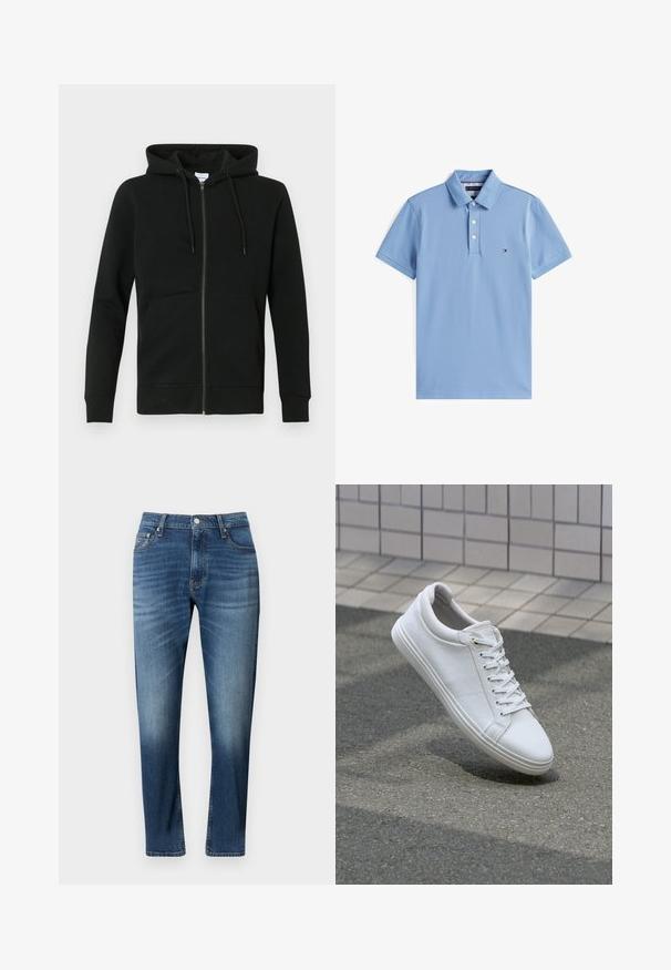 Sweat à capuche noir zippé en tissu doux, avec une capuche, des manches longues, des poches avant et des poignets et ourlets côtelés. Design minimaliste.; Polo bleu clair à manches courtes avec trois boutons et un petit logo drapeau sur la poitrine gauche, présenté sur fond blanc.; Jean en denim bleu avec une coupe droite, présentant des détails décolorés, un style à cinq poches et une fermeture à boutons.; Baskets blanches avec une tige en cuir texturé, des lacets plats et une semelle en caoutchouc lisse. Bout légèrement arrondi et design minimaliste.