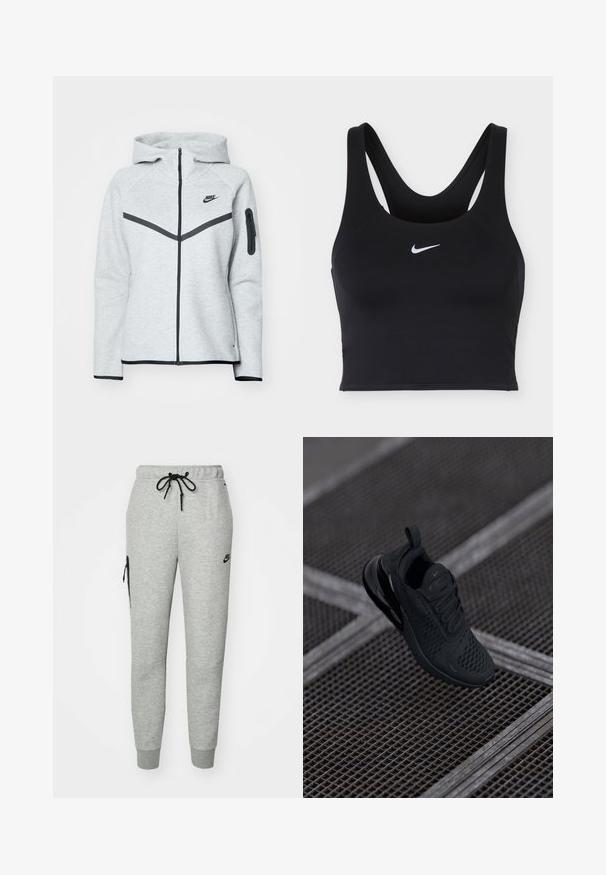 Sudadera gris con cremallera y capucha, con detalles en negro, que presenta un diseño diagonal en la parte delantera, el logo de Nike y un bolsillo con cremallera en la manga.; Sujetador deportivo negro de Nike con tirantes anchos y logo blanco de Nike Swoosh centrado en la parte delantera.; Pantalones de chándal grises de tejido suave con cintura ajustable por cordón, piernas ajustadas y un bolsillo con cremallera en el lado izquierdo. Presenta un logo negro.; Zapatilla deportiva negra con parte superior de malla, cuello acolchado y suela de caucho. Presenta un logotipo icónico en forma de gancho y detalles texturizados.